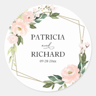 Pink Blush Floral Gold Geometric Wedding Classic Round Sticker