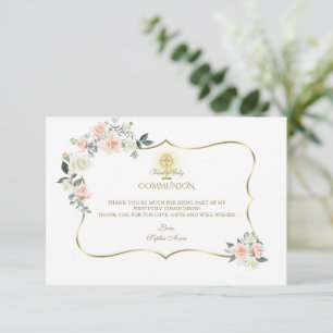 Pink Blush Floral Gold Girl First Holy Communion Thank You Card