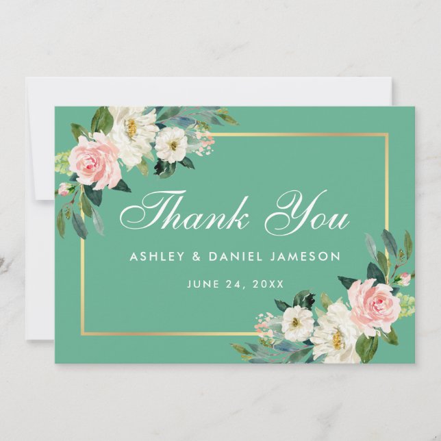 Pink Blush Floral Gold Neo Mint Wedding Thank You (Front)