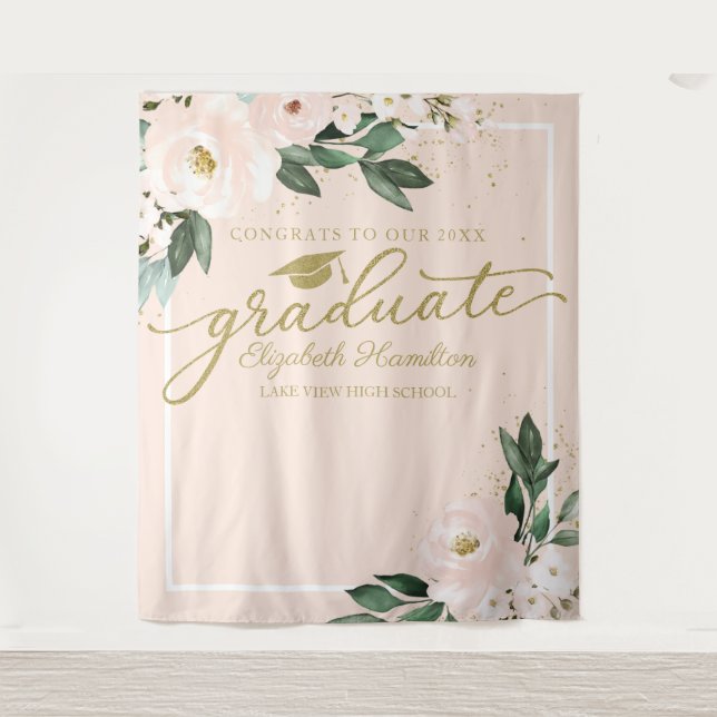 Pink Blush Floral Graduation Party Photo Backdrop Tapestry (Front)