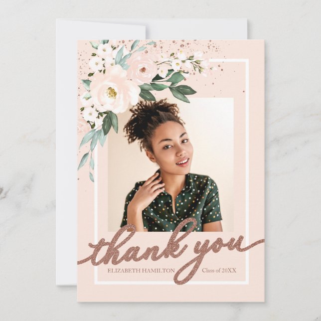 Pink Blush Floral Graduation Photo Thank You Card (Front)