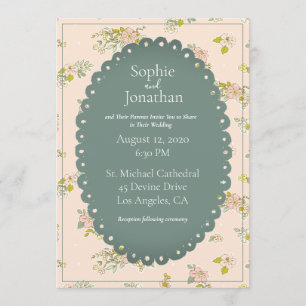 Pink Blush Floral Green Rustic Wedding Invitation