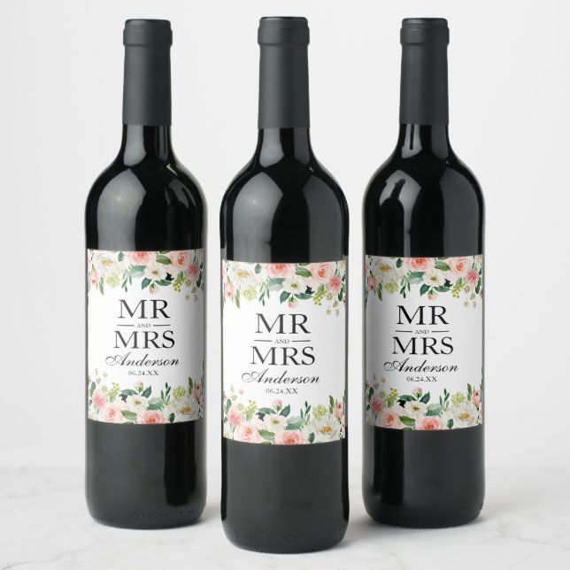 Pink Blush Floral Greenery Wedding Mr. and Mrs. Wine Label (Bottles)