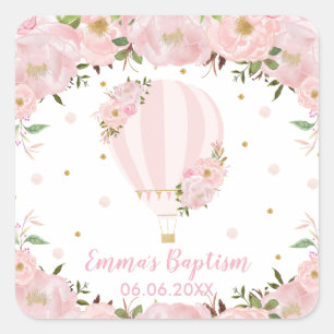 Pink Blush Floral Hot Air Balloon Baptism Favour Square Sticker