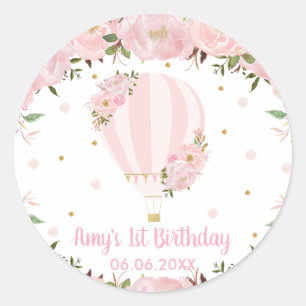 Pink Blush Floral Hot Air Balloon Birthday Favour Classic Round Sticker