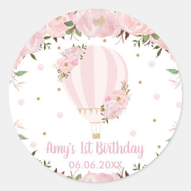 Pink Blush Floral Hot Air Balloon Birthday Favour Classic Round Sticker (Front)