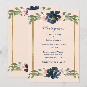 Pink Blush Floral Indigo Elegant Gold Wedding Invitation