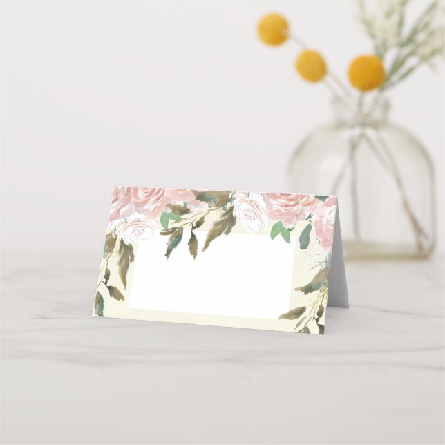 pink blush floral ivory wedding place card (Front)