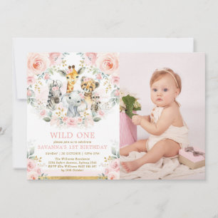 Pink Blush Floral Jungle Animals Wild One Birthday Invitation