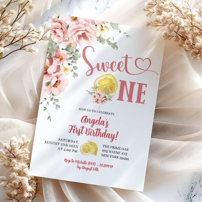 Pink Blush Floral Lemon Sweet One First Birthday Invitation (Creator Uploaded)