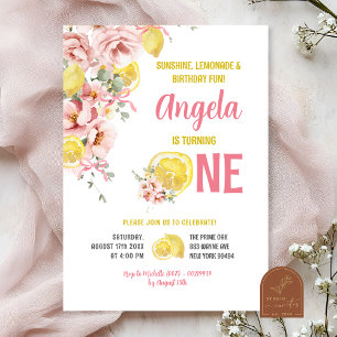 Pink Blush Floral Lemon Sweet One First Birthday Invitation