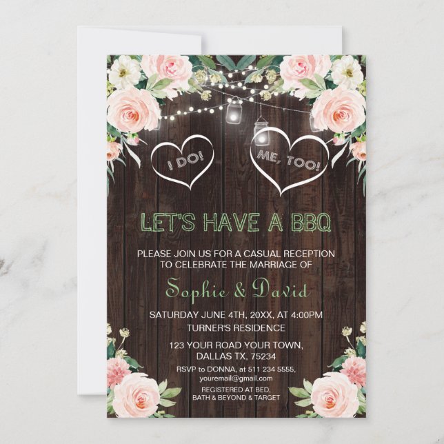 Pink Blush Floral Lights Old Wood I DO BBQ Invitation (Front)