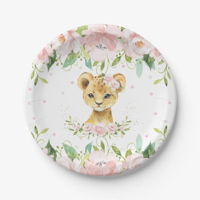 Pink Blush Floral Lion Cub Birthday Baby Shower Paper Plate (Front)