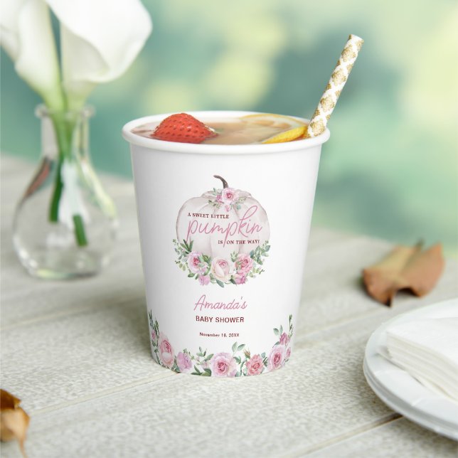 Pink Blush Floral Little Pumpkin Baby Shower Paper Cups (Insitu)