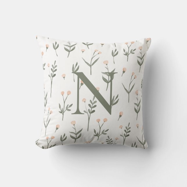 Pink Blush Floral Monogram Delicate Wildflowers  Cushion (Front)