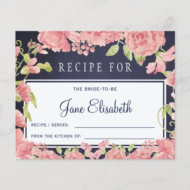 Pink blush floral navy bride to be recipe card (Front)
