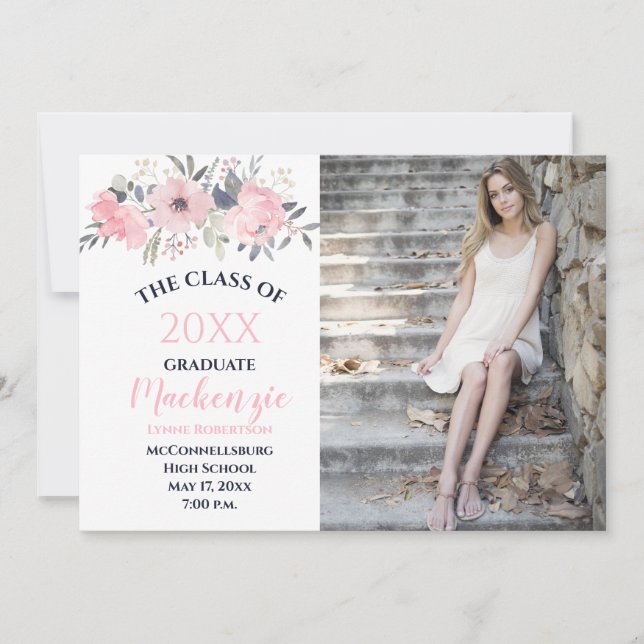 Pink Blush Floral on White Photo Graduation Announcement (Front)