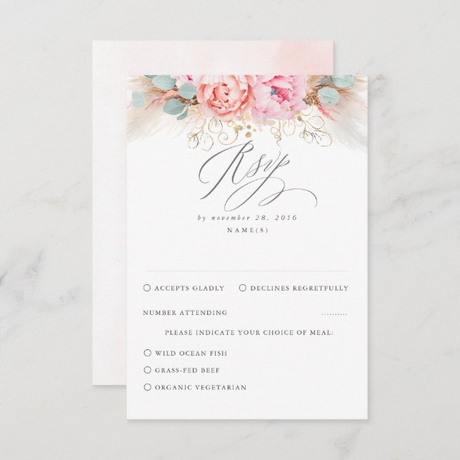 Pink Blush Floral Pampas Grass Wedding RSVP (Front/Back)