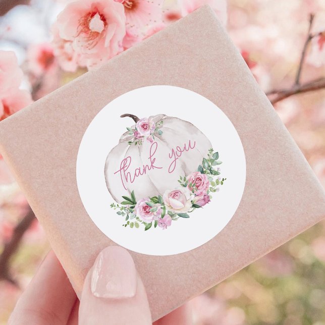 Pink Blush Floral Pumpkin Baby Shower Thank You Classic Round Sticker (Creator Uploaded)