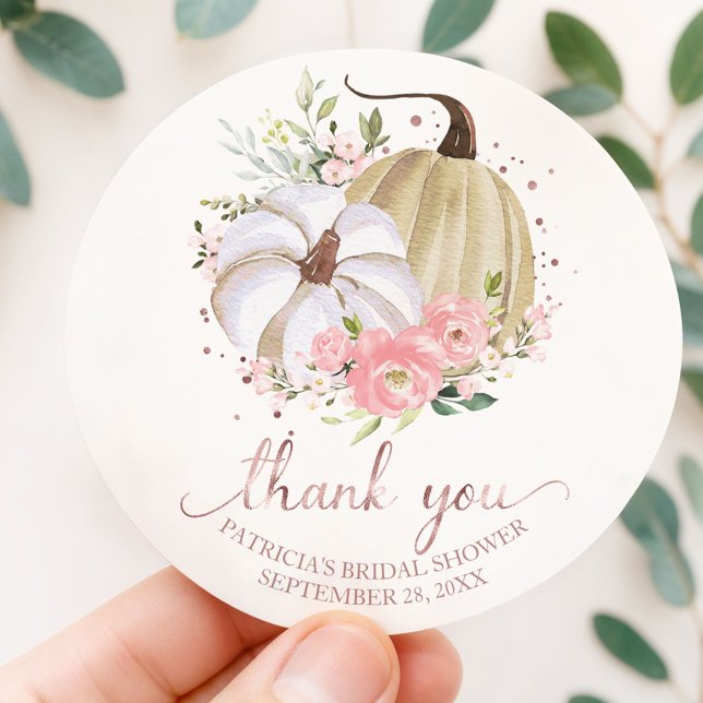 Pink Blush Floral Pumpkin Fall Bridal Shower Favou Classic Round Sticker (Creator Uploaded)