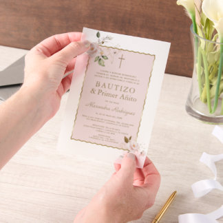 Pink Blush Floral Spanish 1st Birthday Baptism Vellum Invitations