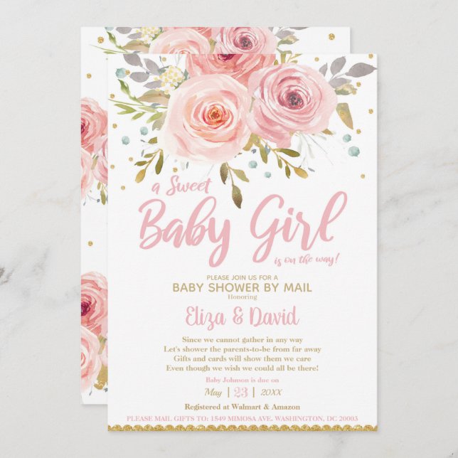 Pink Blush Floral Virtual Baby Shower by Mail Girl Invitation (Front/Back)