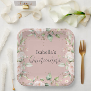 Pink Blush Floral Watercolor Quinceañera Paper Pla Plate
