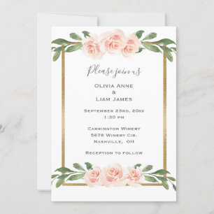 Pink Blush Floral Watercolor Romantic Gold Wedding Invitation