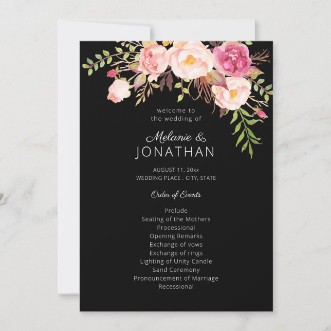 Pink Blush Floral Wedding Ceremony Program Black (Front)
