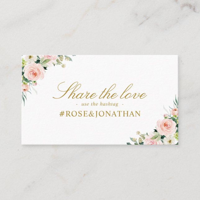 pink blush floral wedding hashtag card (Front)