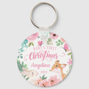 Pink Blush Floral Woodland Baby's 1st Christmas Key Ring