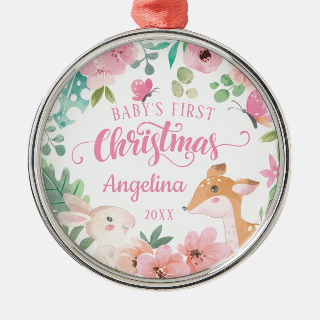 Pink Blush Floral Woodland Baby's 1st Christmas Metal Ornament (Front)