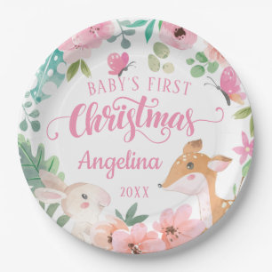 Pink Blush Floral Woodland Baby's 1st Christmas Paper Plate