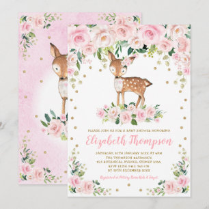 Pink Blush Floral Woodland Deer Baby Girl Shower Invitation