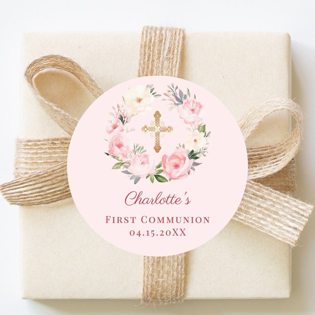 Pink blush floral wreath First Communion Classic Round Sticker (Creator Uploaded)