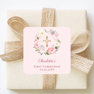 Pink blush floral wreath First Communion Square Sticker