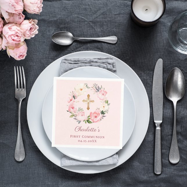 Pink blush floral wreath girl First Communion Napkin (Creator Uploaded)