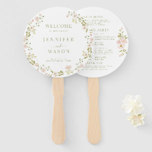 Pink Blush Floral Wreath Romantic Wedding Program Hand Fan