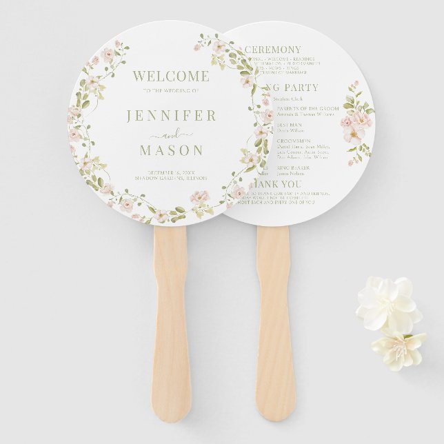 Pink Blush Floral Wreath Romantic Wedding Program Hand Fan (Front and Back)