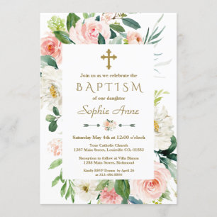Pink Blush Flowers Bloom Gold Cross Baptism Invitation
