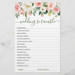 Pink Blush Flowers Bridal Shower Scramble Game