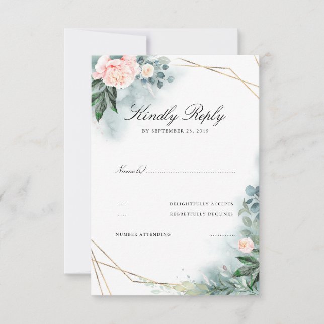 Pink Blush Flowers Elegant Gold Frame Wedding RSVP (Front)