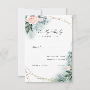 Pink Blush Flowers Elegant Gold Frame Wedding RSVP Card