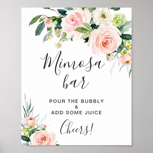 Pink Blush Flowers Floral Mimosa Bar Wedding Sign (Front)