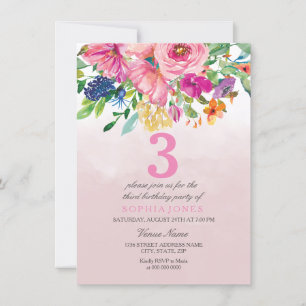 Pink Blush Flowers Girls Childrens Birthday Party Invitation