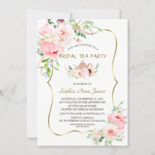 Pink Blush Flowers Gold Bridal Tea Party Invitation