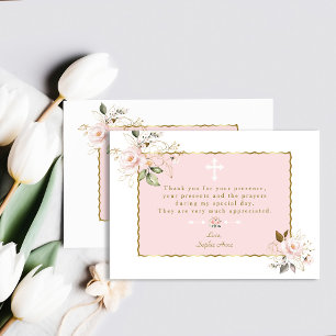 Pink Blush Flowers Gold Frame Cross Baptism Thank You Card