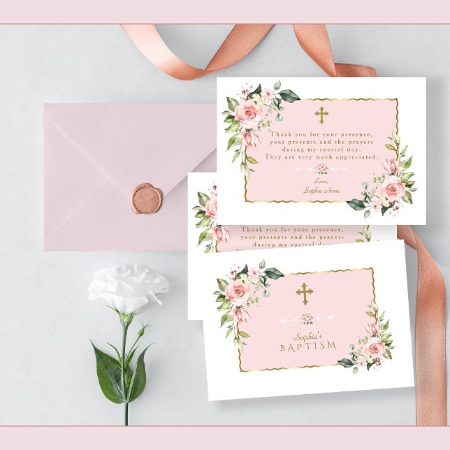 Pink Blush Flowers Gold Frame Cross Baptism Thank You Card (baptism thank you, pink floral gold baptism thank you card)