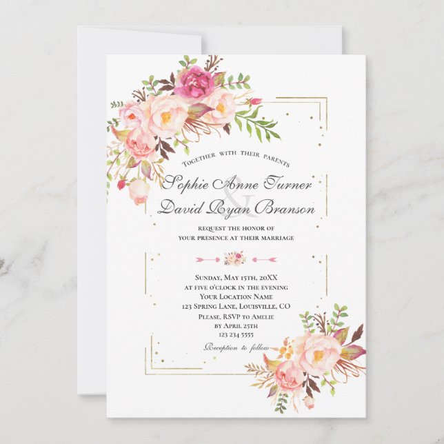 Pink Blush Flowers Gold Glitter Frame Wedding Invitation (Front)