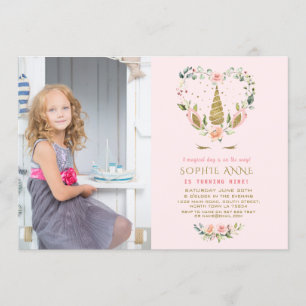 Pink Blush Flowers Gold Unicorn Photo Birthday Invitation